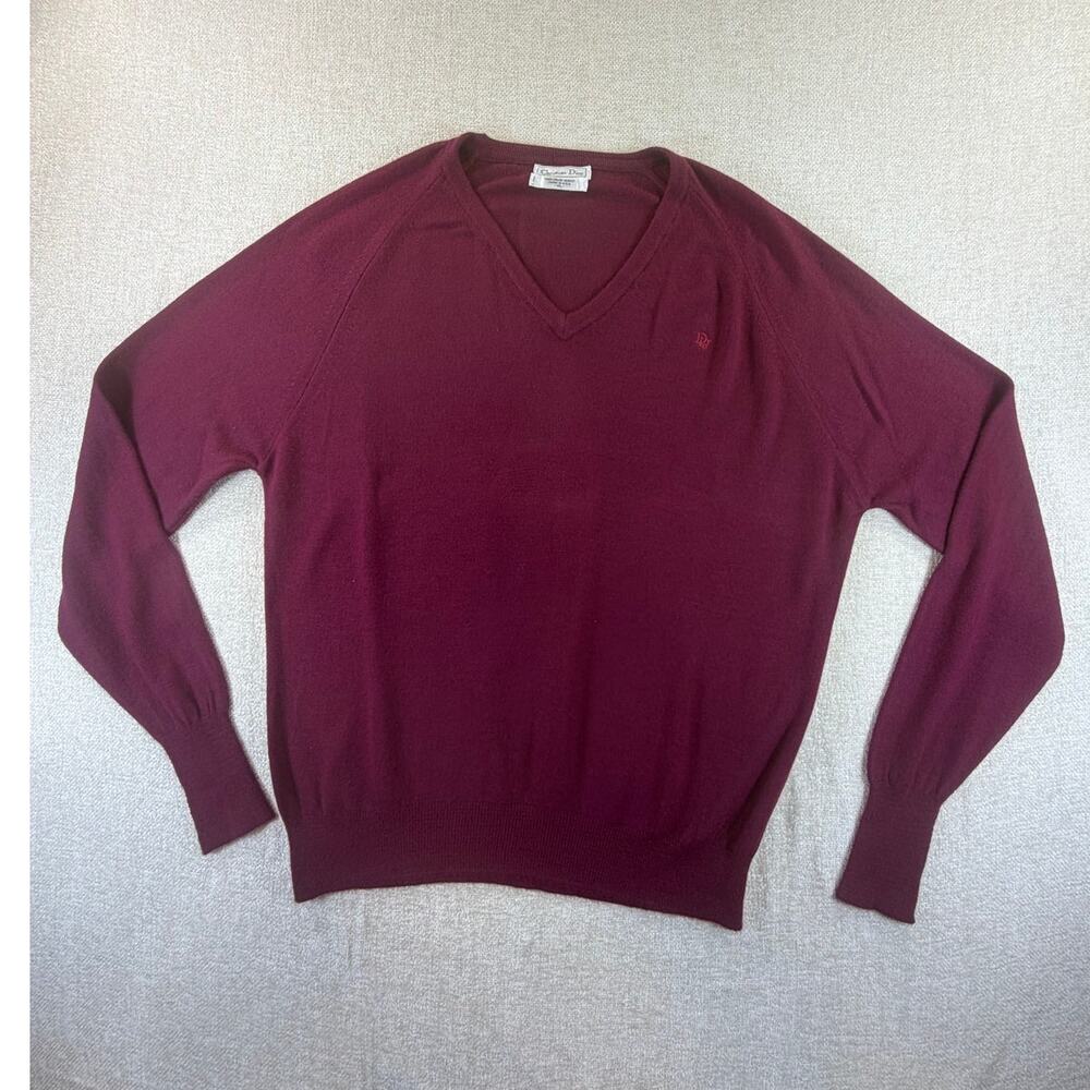Christian Dior Mens XL Maroon V Neck Long Sleeve Sweater Vintage Designer Preppy